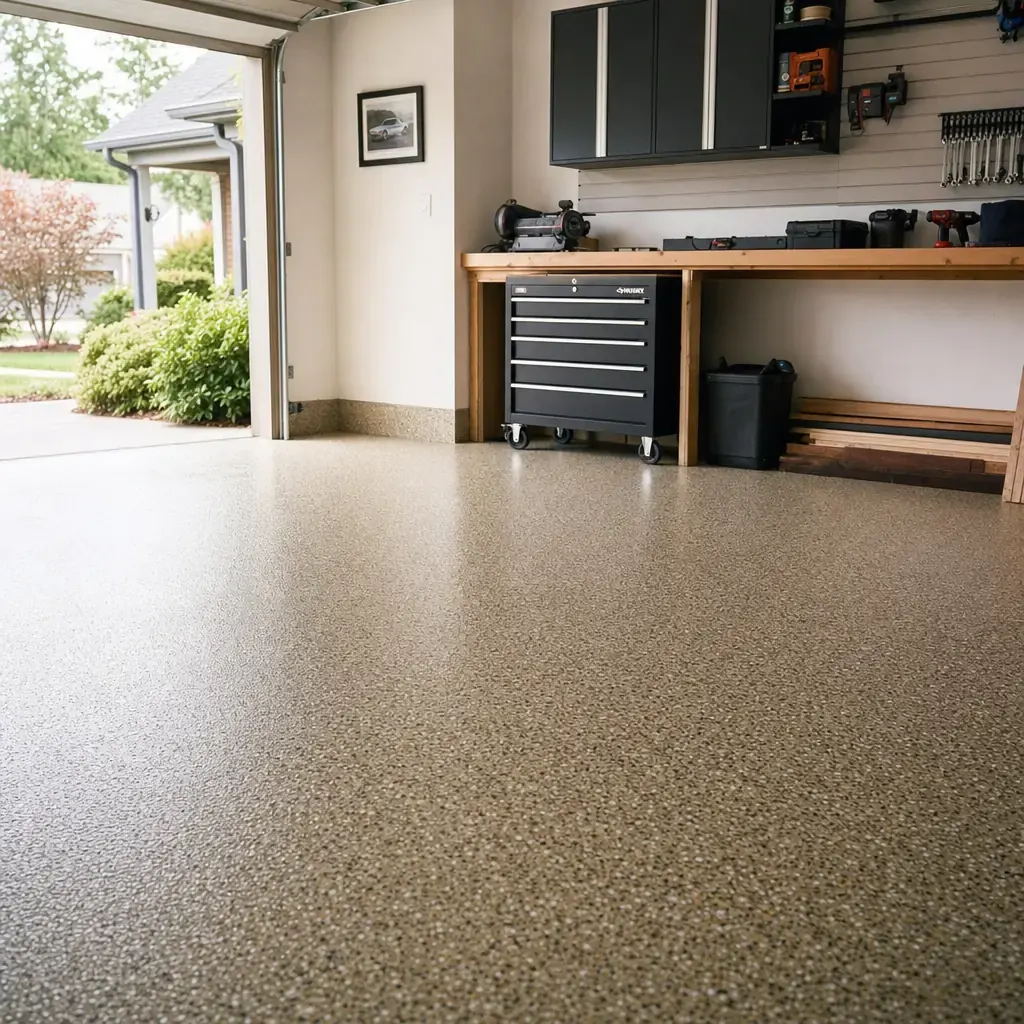 garage slab finished in full-broadcast flake epoxy