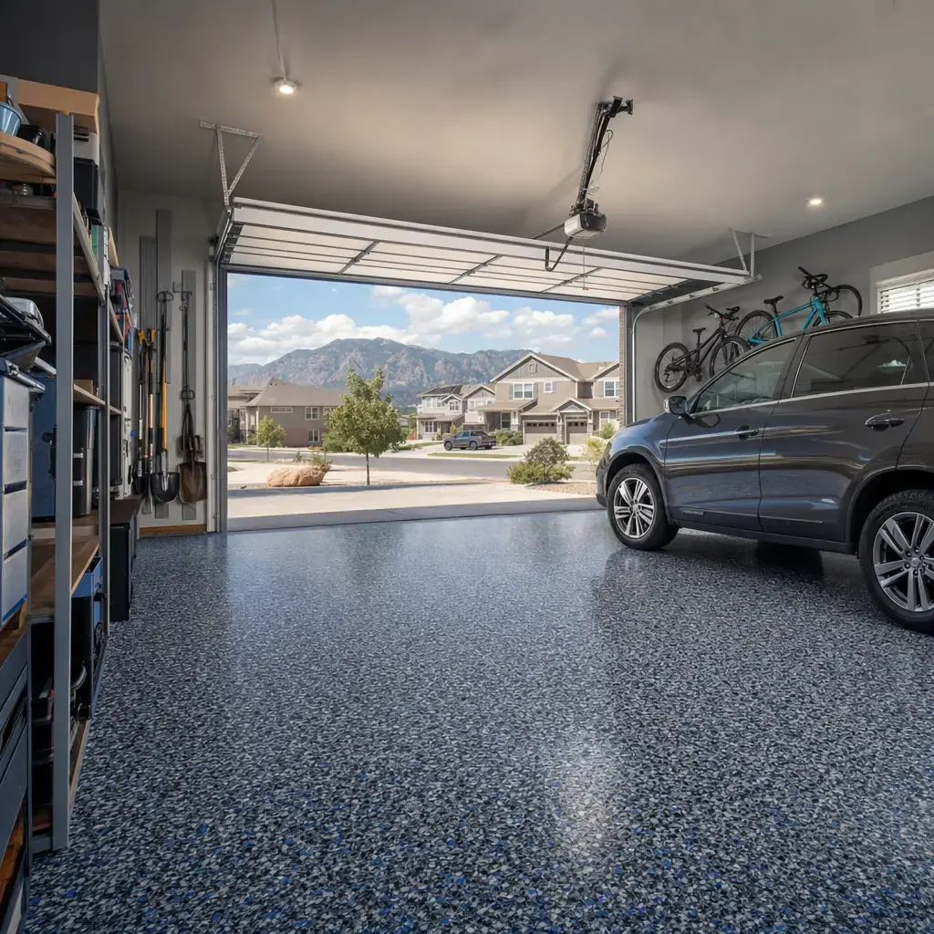a finished epoxy garage floor in Lakewood