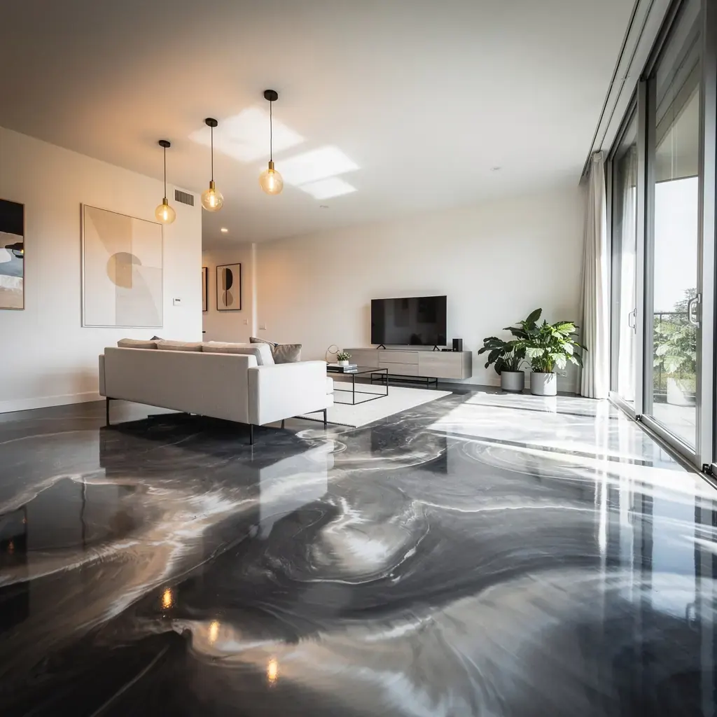 basement floor in metallic epoxy with marbled movement