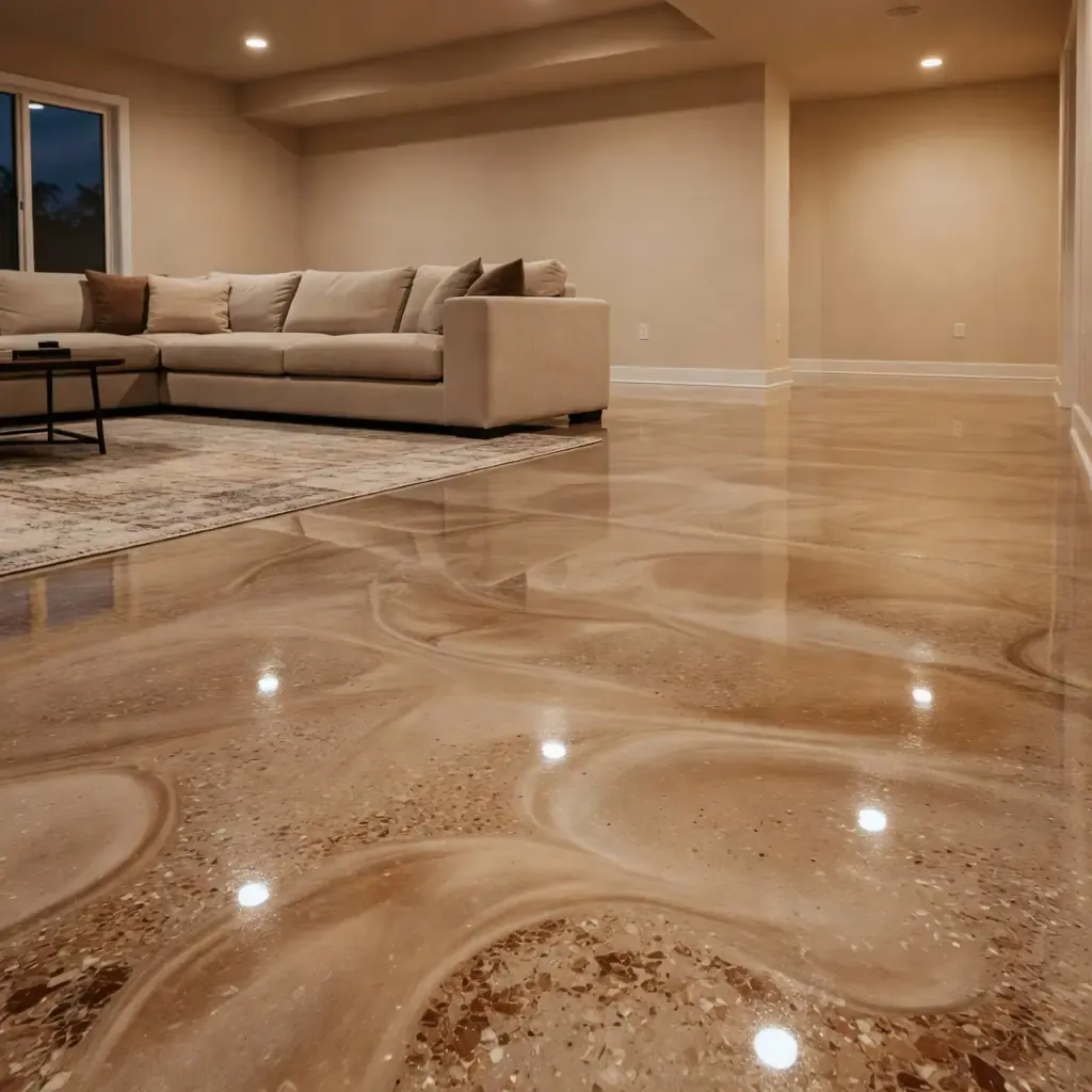 a living-area floor finished in metallic epoxy